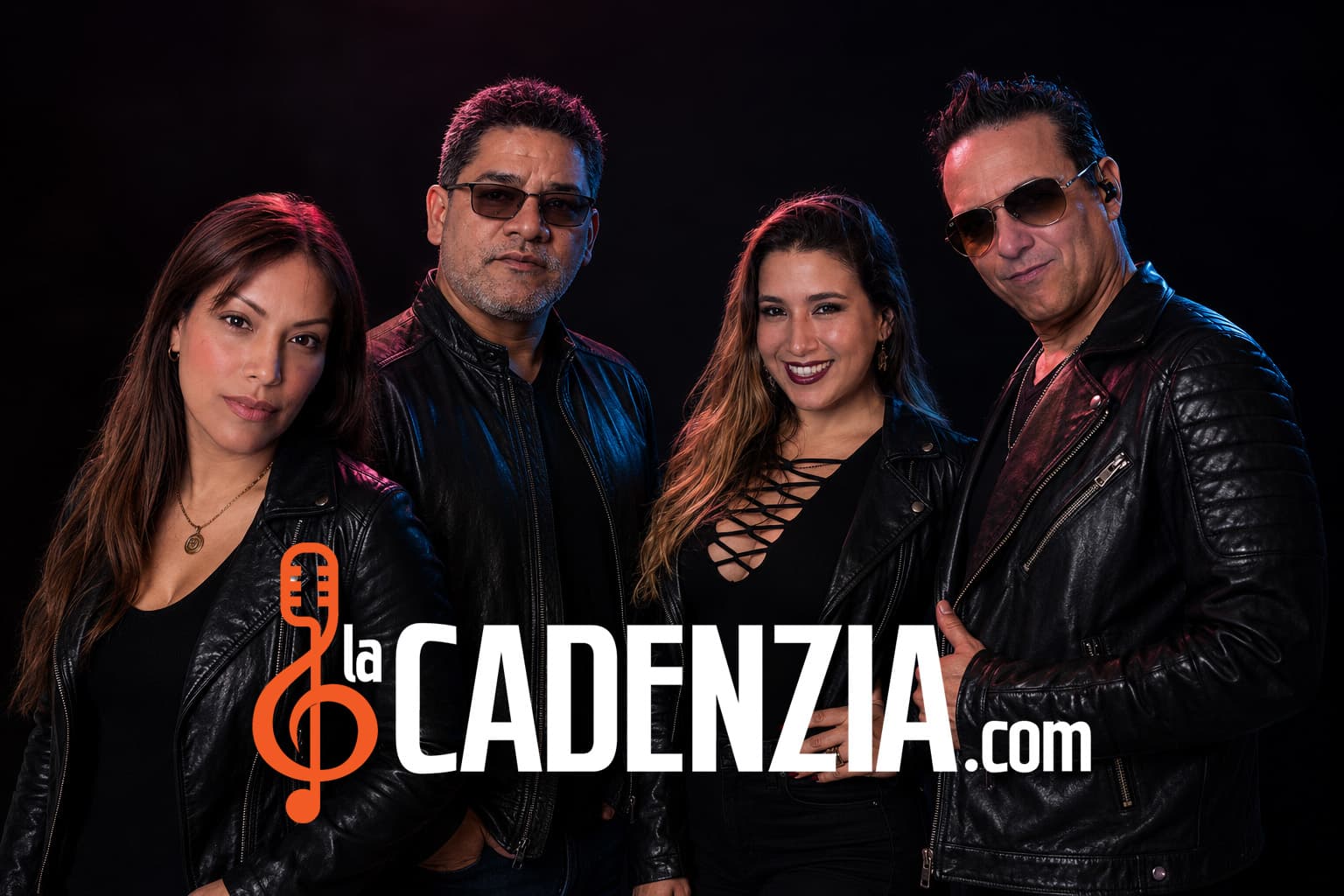 Grupo La Cadenzia posing in leather jackets under dramatic studio lighting